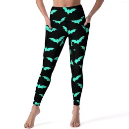 Active Pants Spooky Halloween Print Leggings Pockets Turquoise Bats Printed Yoga Push Up Workout Legging Elegant Elastic