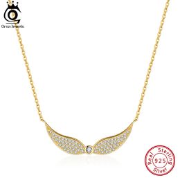 Pendants ORSA JEWELS Fashion 925 Sterling Silver Feather Fairy Wings CZ Pendant Necklace for Women 14K Gold Necklace Jewellery Gift SN348