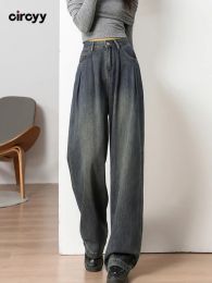 Jeans Gray Baggy Jeans Women High Waisted Jeans Fashion Button Full Length Wide Leg Denim Pants Autumn Pleated Vintage Washed Trousers