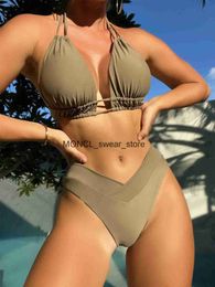 Women's Swimwear High Waist Bikini 2023 Women Leaf Print Swimsuit Halter Deep-V Push Up Set Beachwear Brazilian Bathing SuitH2422122