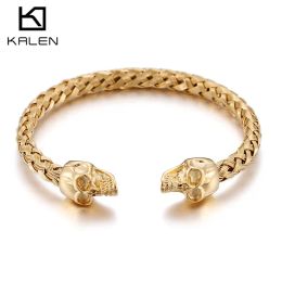 Bangles Kalen Double Skull Skull Gold Colour Hip Hop Style Stainless Steel Open Bracelet Men's Fashion Jewellery