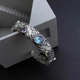 Bangles VENTFILLE 925 Silver Hollowed Out Zircon Bracelet for Women Girl Gift Retro Carving Flowers Design Exaggera Jewellery Dropshipping