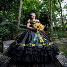 Gorgeous Black Embroidery Quinceanera Dresses Mexican Off Shoulder Tiered Organza Sunflower Sweet 16 Birthday Sixteen Xv Vestidos De xv 15 Anos Charro Debutante