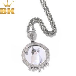 Necklaces THE BLING KING Custom Round Water Drip Photo Pendant Memory Picture Medallion Iced Out Cubic Zirconia Hiphop Jewellery For Gift