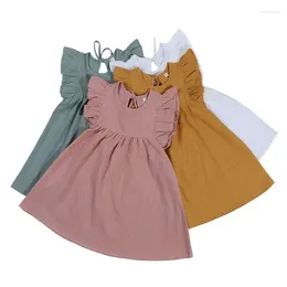 Girl Dresses Girls Clothing Solid Colour Flying Sleeve Dress Girls' Back Neck Lace Up Princess