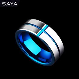 Rings Men Tungsten Grooved Ring, Plate Blue Fashion Jewelry Ring for Wedding/Gift, Free Shipping, Customized