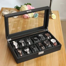 Leatherette 12 Slot Carbon Watch Box Fibre Design Jewellery Display Storage Holder Winder Black Large Watchs Box saat kutusu1351S