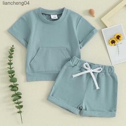 Clothing Sets Summer Casual Toddler Infant Boys Clothing Kids Baby Outfits Solid Colour Short Sleeve T-Shirt with Pocket + Shorts Clothes Set