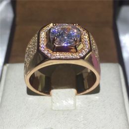 Bands Handmade Rose Gold ring Round cut 3ct Stone 5A Zircon Cz Silver Color Engagement Wedding Band Ring for men