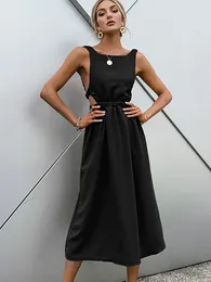 Casual Dresses 2024 Summer Elegant Midi Dress Woman Sexy Backless Solid Beach Sundress Black Hollow Sleeveless For Women