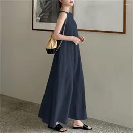 Casual Dresses Women Maxi Dress Sleeveless V Neck Loose A-line Large Hem Solid Vest Type Ankle Length Soft Breathable Pullover Female