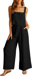 Women's Summer Suit Women's 2-piece square collar linen tank top crop top wide leg pants with a casual tracksuit Q240221