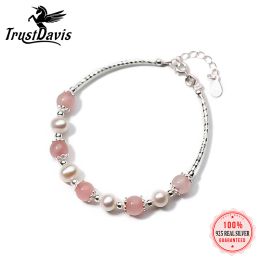 Bangles TrustDavis Genuine 925 Sterling Silver Girls Sweet Pearl Pink Chain Bracelet Birthday for Gift Women Wedding Jewelry DS3431