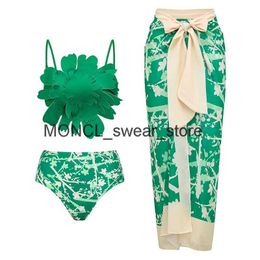 Women's Swimwear Green Flower Bikini Women 2023 New Swimsuit with Cover UpPrint Set Push Up Cute biquini Beach Wear SwimH24221