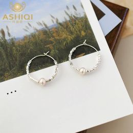 Earrings ASHIQI Natural Freshwater Pearl 925 Sterling Silver Circle Hoop Earrings Wedding Fashion Jewellery for Women