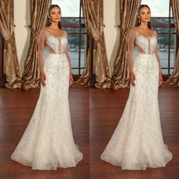 Mermaid Wedding Classic Dress Sequins Bridal Gowns Sheer Long Sleeve Rhinestone Custom Made Bride Dresses Sleeveless Vestido De Novia Es Less Es Less es less