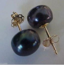 Earrings stunning A pair of natural 9.510mm tahitian black pearl earring 14k/20 yellow Gold
