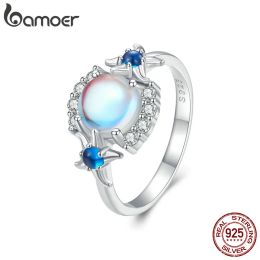 Rings Bamoer 925 Sterling Silver Dazzling Round Moonstone Ring Starfish Finger Ring Pave Setting CZ for Women Fine Jewellery BSR446