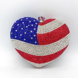 Heart shaped American flag studded diamond dinner bag with red and white ribbons, diamond peach heart bag, metal full diamond banquet bag, small women's bag in hand 240221