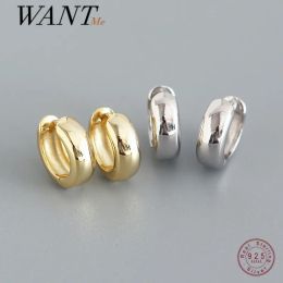 Earrings WANTME Punk Rock Minimalist Glossy Gold Round Ear for Women Men Genuine 925 Sterling Silver Party Fashion Earring Jewellery