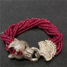 Bangles Handmade leopard head micro inlay zircon clasp purple stone multirows bracelet gift box packing