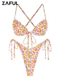 Women's Swimwear ZAFUL Ditsy Floral Swimwear Bikini Set Swimwear Printed Ruffled Tie Side Criss Cross Long Legged Bohemian Apron Bikini Top J240221