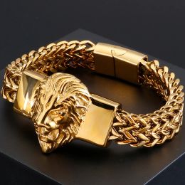 Bracelets Punk Man Bracelet With Lion Head Gold Plated Stainless Steel Jewelry Bikers On Hand Bracelets Mannen Armband With Magnet Clasp