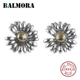 Earrings BALMORA 100% Real 925 Sterling Silver Gold Sun Flower Earring For Women Retro Elegant Statement Ear Studs Handmade Jewellery Gift