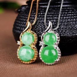 Pendants S925 Silver Carved Green Jade Inlaid Gourd Pendant Chinese Necklace Charm Jadeite Jewellery Fashion Lucky Man Woman Amulet Gifts