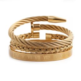 Bangles New 3 Pcs Nail Mesh Weaving Romen Number Sets For Men Titanium Steel Adjust Gold Plated Men's Bracelets Gift For Bushand Brother