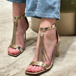 Sandals Gold Square Toe Thin High Heels Ladies Designer Summer Sexy Tassel Stiletto Back Zipper Modern Shoes For Women Party Dress Pumps