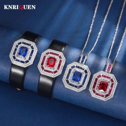 Sets Trend 8*10mm Sapphire Ruby Necklace Pendant Bracelet Vintage Jewellery Sets for Women Gemstone Wedding Cocktail Party Accessories