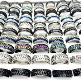 Dazzling colors 50pcs Stainless Steel Band Rings Spinner Double Rotatable Chain Silver Black Colors Fashion Jewelry Accessories Men Womens