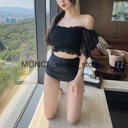 Women's Swimwear Bikini Set Women Summer 2pcs Lace Pleated Sexy Korean Style Ladies Beachwear Chic High WaistH24221