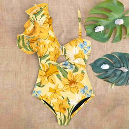 Women's Swimwear 2024 New Arrival Ruffle Single Shoulder One Piece Swimsuit Women Floral Printed Tropical Summer Beach Bathing SuitH24221