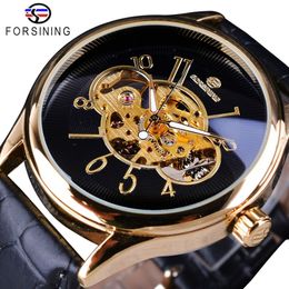 Forsining Classic Creative Skeleton Design Golden Case Transparent Open Work Men Watch Top Brand Luxury Mechanical Wristwatch293c