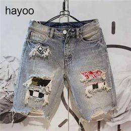 Men's Shorts Mens torn personalized lining washed denim shorts summer sewn five point jeans J240221