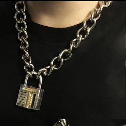 Necklaces Men Women Unisex Metal Chain Choker Necklace Mechanical Steampunk Transparent Clear Square Lock and Key Choker Collar