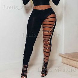 Women's Pants Capris Chain Patchwork Pants Leggings 2021 Sexy Women Hollow Out Trousers Black High Waist Bodycon Slim Clubwear Streetwear T240221