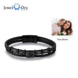 Bracelets Personalised Men Leather Bracelet with 4 Engrave Name Beads Custom Photo Black Bracelets for Men Anniversary Gifts for Father