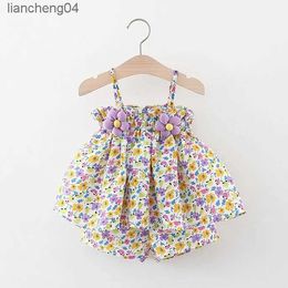 Clothing Sets Baby Set 2024 Summer Childrens Wear Girls Fragmented Flower Sling Set Childrens Pure Cotton Sling T-shirt Shorts Two pieceSet