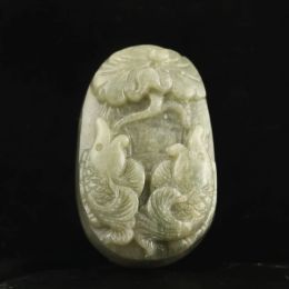 Pendants Old China Natural hetian Jade Hand Carved statue double fish pendant #43