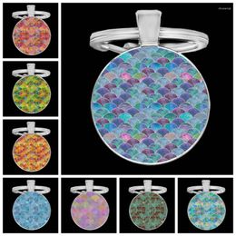 Keychains 2024 Colorful Fish Scale Wave Keychain Pattern Glass Dome Key Chain Charming House And Car Ring