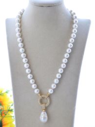 Necklaces P7681 21" 22mm black White Keshi & Round shell Pearl Necklace Pendant CZ