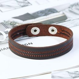 Charm Bracelets Simpel Embroider Sewing Charm Bracelet Black Brown Leather Bracelets Women Men Wristband Bangle Cuff Fashion Jewellery Dhzkd