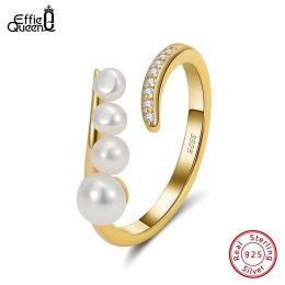 Rings Effie Queen 14K Gold 925 Sterling Silver Natural Pearl Rings for Women Adjustable AAAA Cubic Zirconia Finger Rings Jewelry GPR07