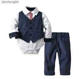 Clothing Sets Baby Boy Formal Set Clothing with Tie Navy Vest Romper Pants for 9-36 Months Kids Suits Party Birthday Gentleman Clothes