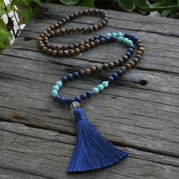 Necklaces 8mm Tiger's Eye And Dyed Lapis Mala Beads Necklace, Bring Optimism JaPaMala, 108 Bead Mala, Mala Jewelry, Mala Prayer Beads