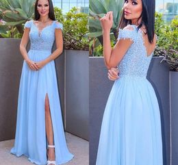 Bridesmaid Sky Blue Dresses New Sexy A Line V Neck Cap Sleeve Lace Appliques Chiffon Maid of Honor Gowns Plus Size Split Evening Prom Dress Wears ppliques