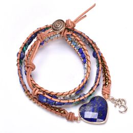 Bracelets Natural Lapis Lazuli Mix Crystal Beaded Braided Chain Leather Wrap Bracelet Heart Shaped Stone Bracelet for Women Gift Dropship